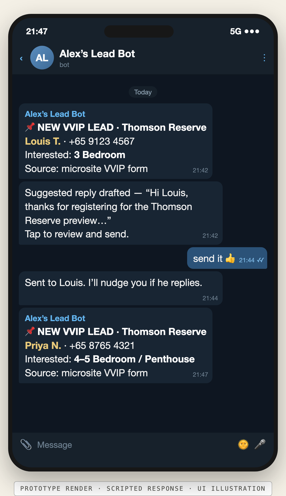 Lead arriving in the agent's Telegram