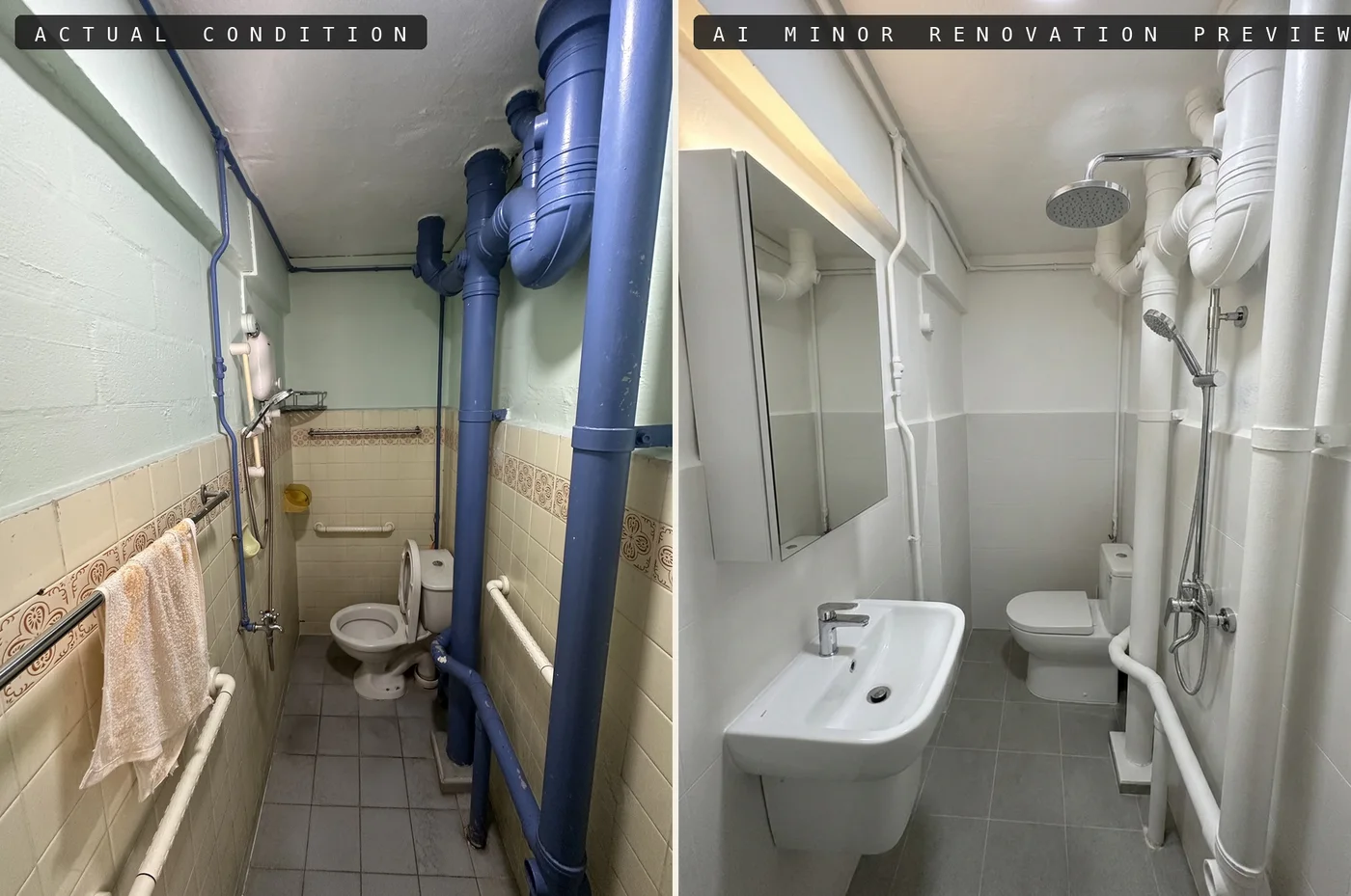 Bathroom before and AI renovation preview
