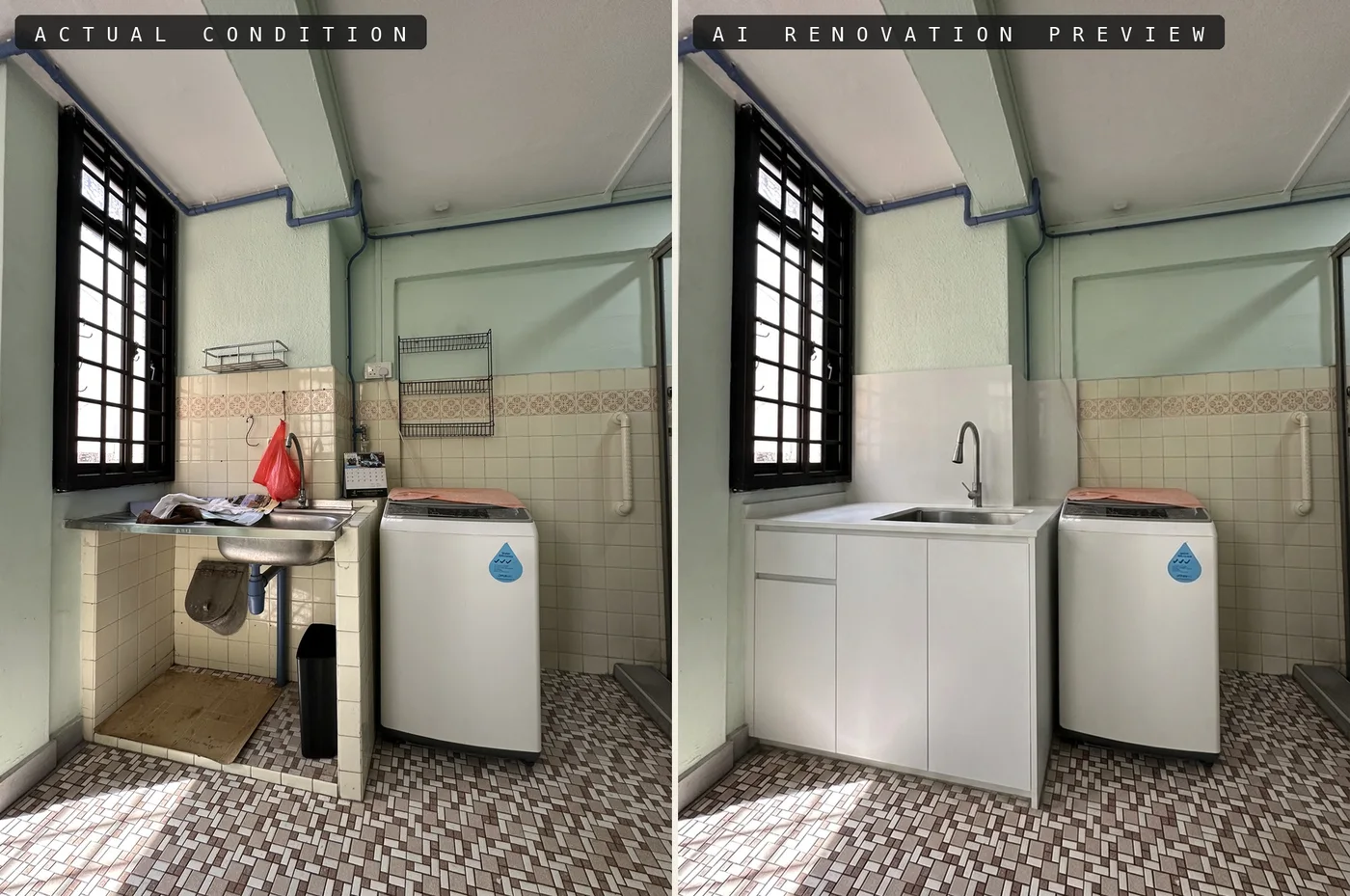 Kitchen before and AI renovation preview