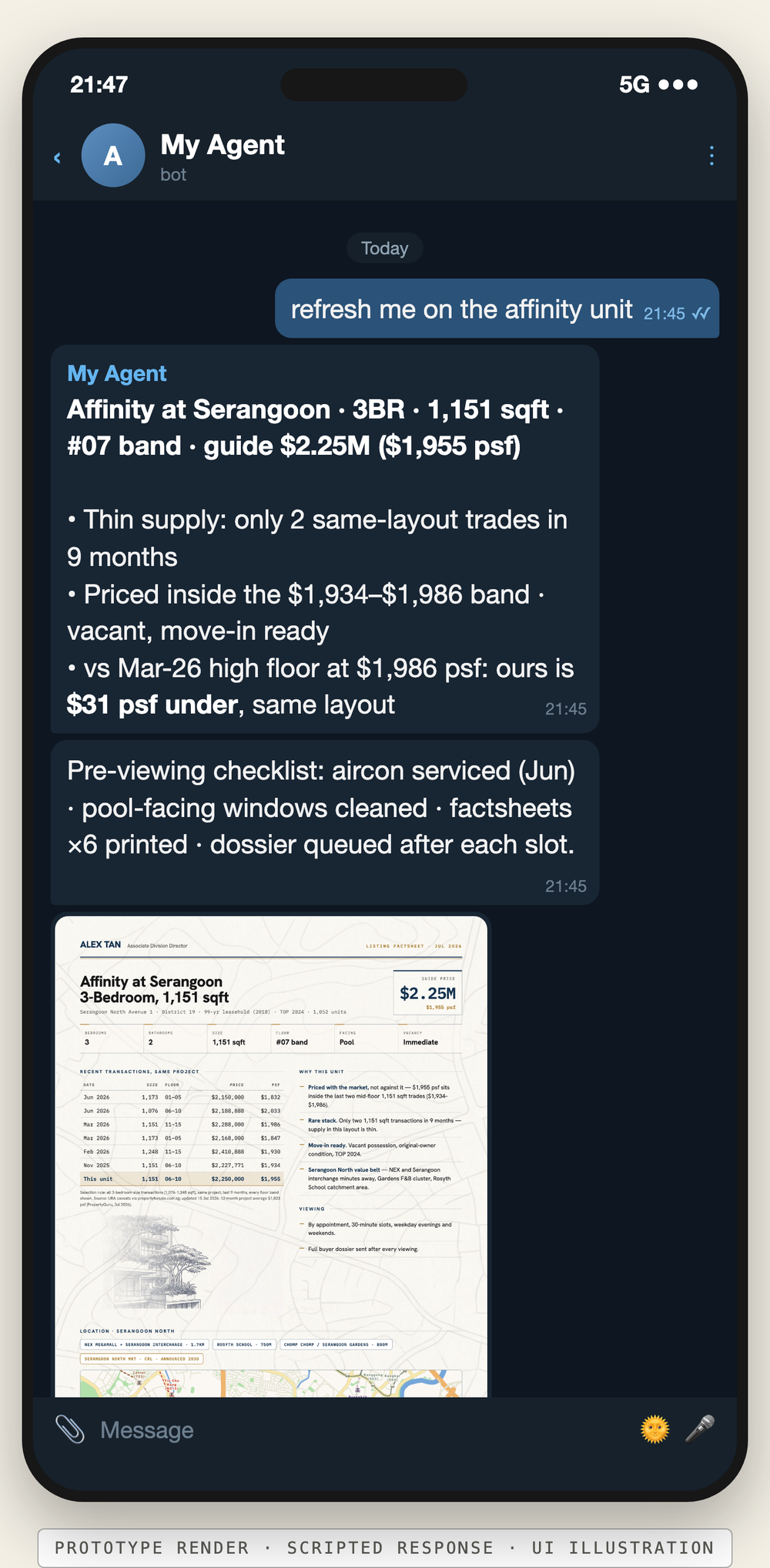 Pre-viewing brief in the agent's Telegram